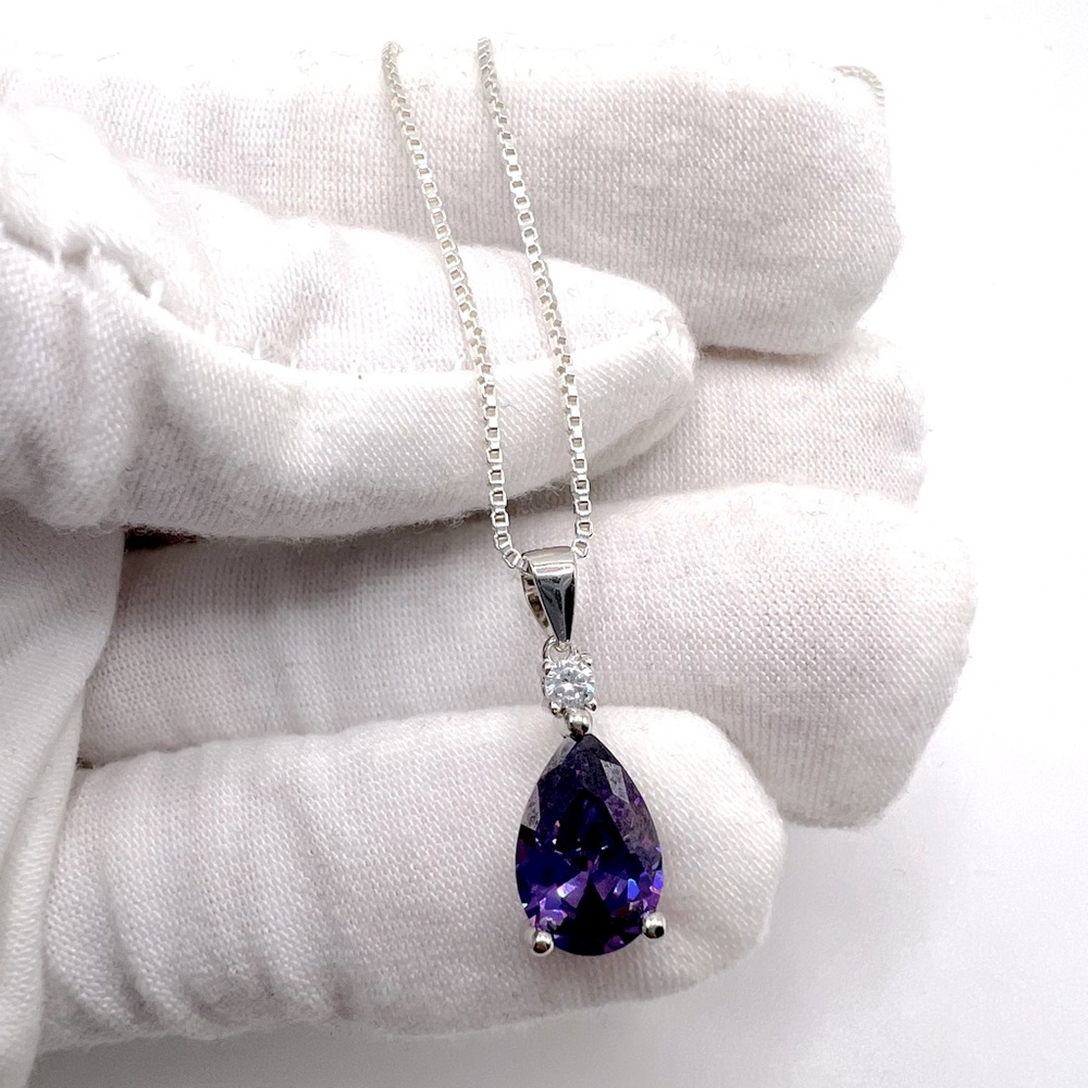 .925 Sterling Silver Amethyst Cz Necklace